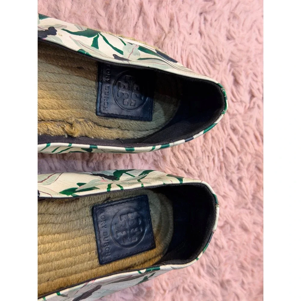 Tory Burch Floral‎ Leather Espadrilles Black Cap Toe Logo Flats Cream Green